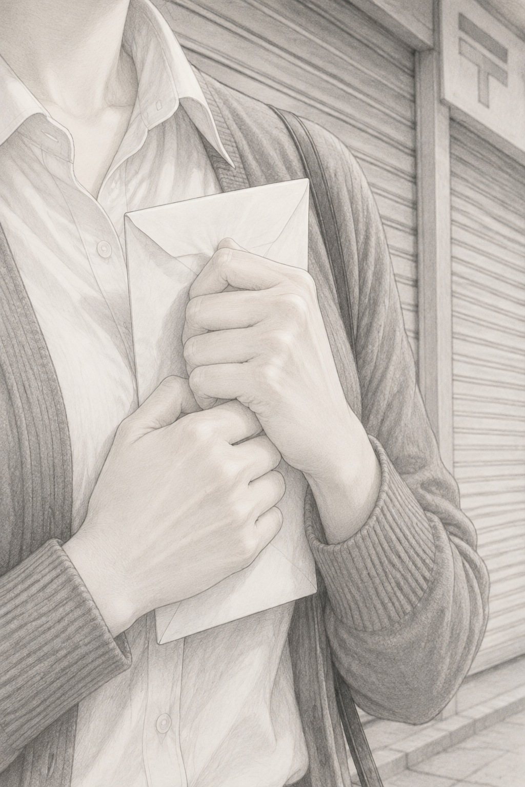白い封筒を胸の前で握る若い女性の両手の寄り。カーディガンの袖と手首、封筒の角が少しよれる。後ろに郵便局のシャッターの横じま。