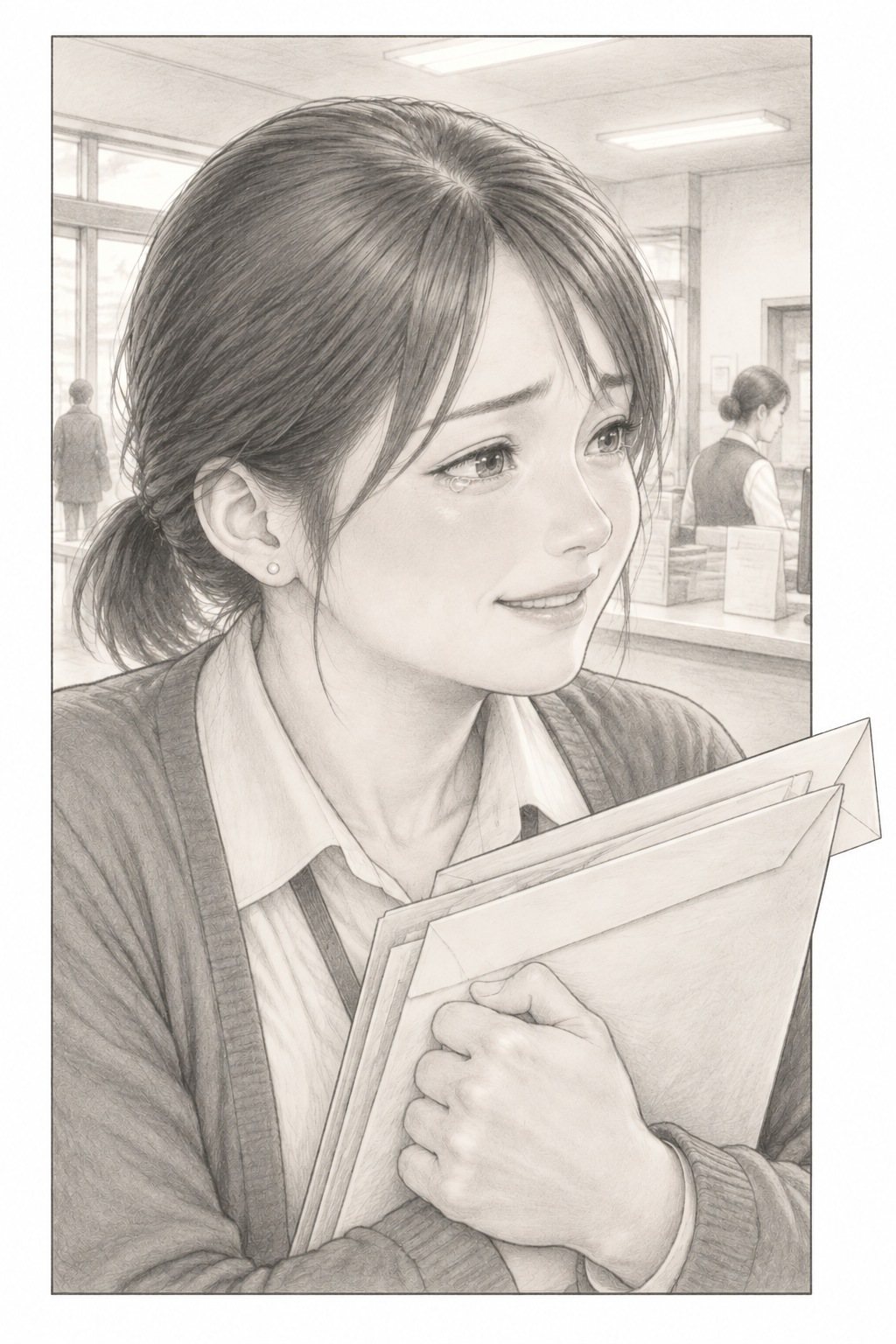 若い女性の寄り。返された写しを胸に抱き、涙をためて、ほっと笑う。写しの角が右の枠を越える。後ろに郵便局の窓口。目の高さ。