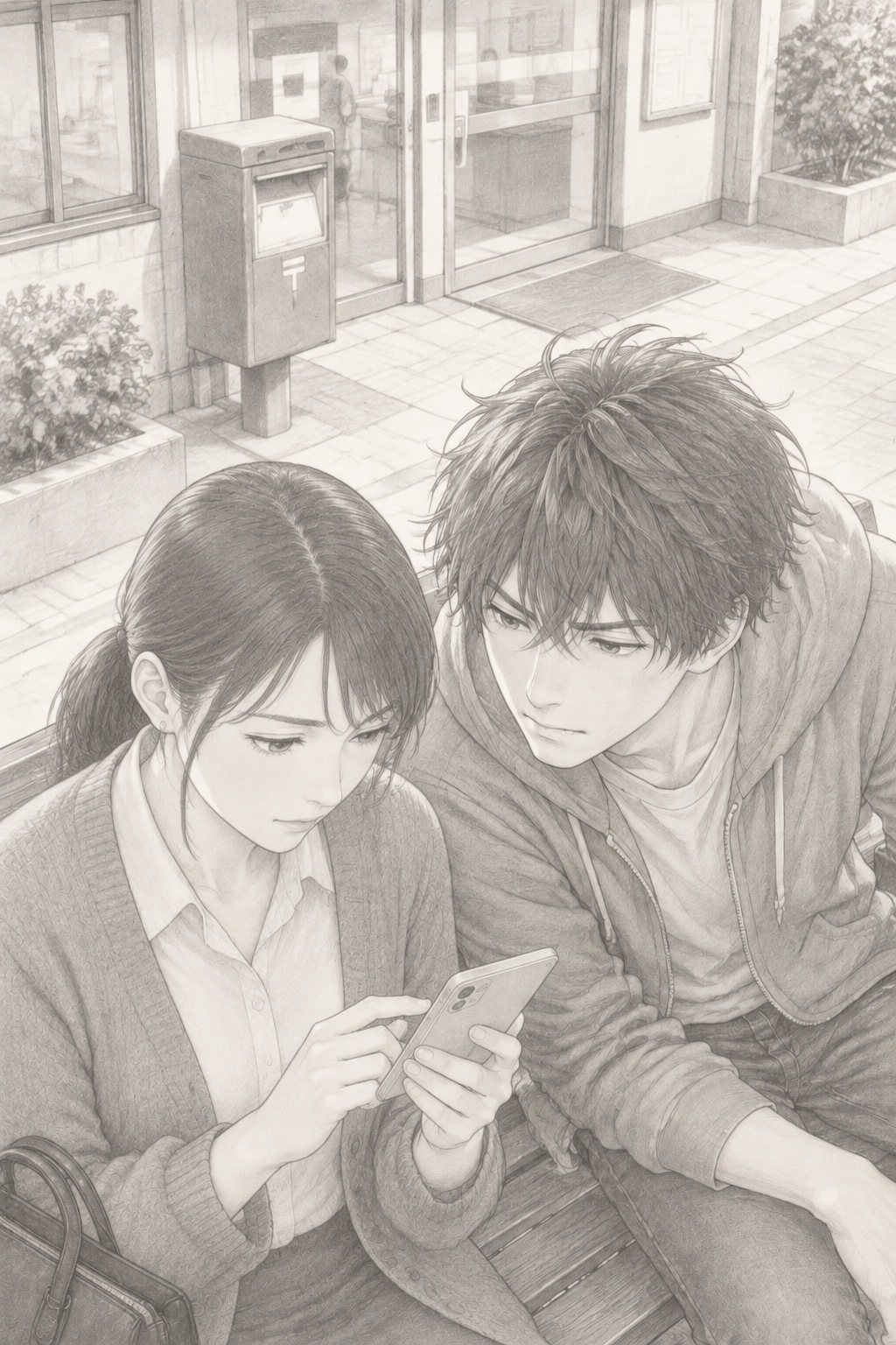 郵便局の前のベンチ。左の若い女性がスマートフォンを操作し、右の若い男性が横から画面をのぞきこんで眉を寄せる。朝の白い光。少し上から。