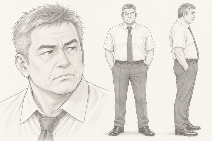 「退職届を出したら、会社に訴えられた」の大門 義彦の設定画(全身と顔)