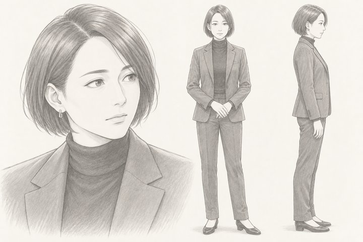 「退職届を出したら、会社に訴えられた」の楢崎 志保の設定画（全身と顔）