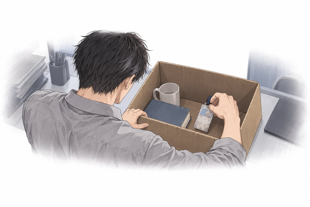 段ボール箱に、使い込んだ古い社員証をしまう男の手。
