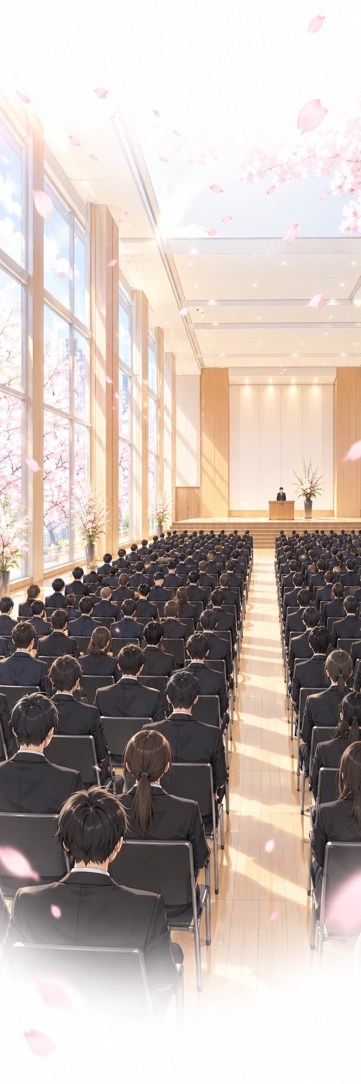 2015年の春。桜の花びらが舞い、大きなホールで黒いスーツの新入社員たちが入社式に並ぶ。