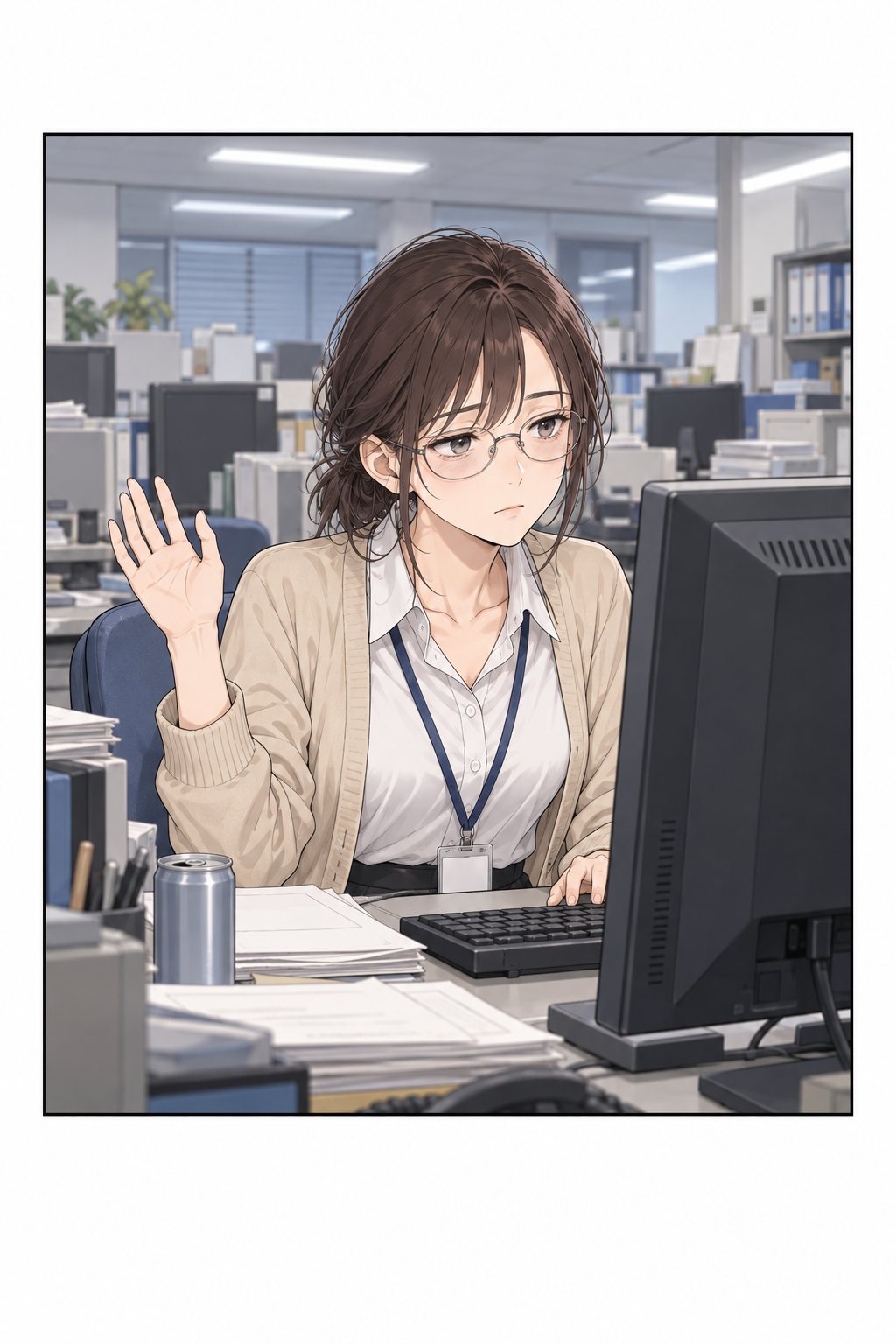 画面を見たまま手だけ振る、目の下にくまのある宇佐美。