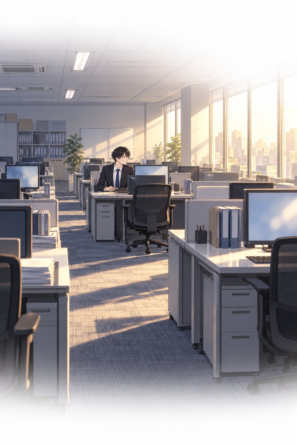 朝の開発部のフロア。まだ誰もいない机に、窓から朝日が差す。律が一人で席に着く。