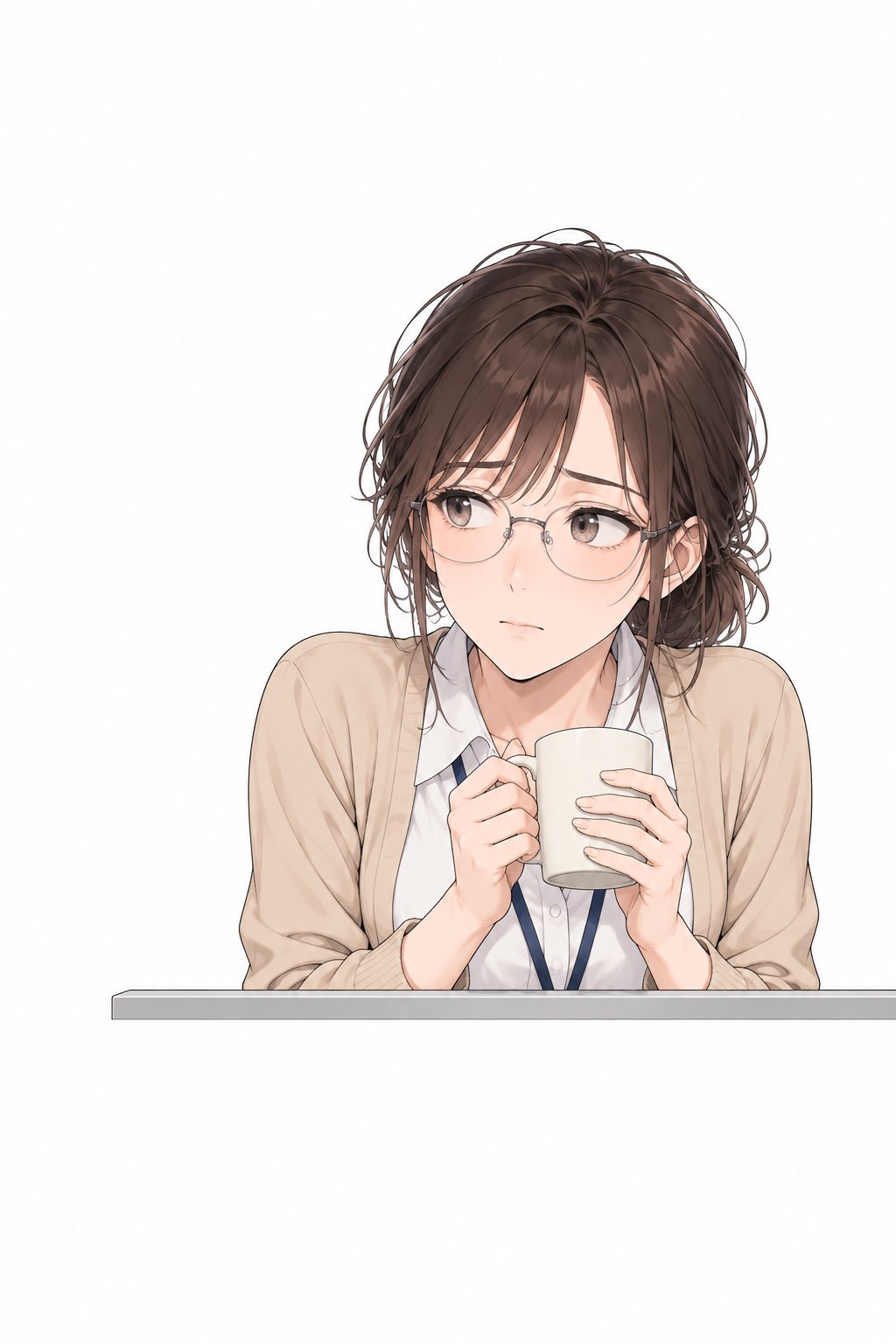 仕切りの上から心配そうにのぞく宇佐美。手にマグカップ。