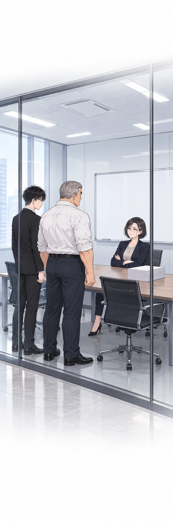 ガラス張りの会議室。腕を組んで座る客先の課長と、資料の束。向かいに鬼塚と律が立つ。