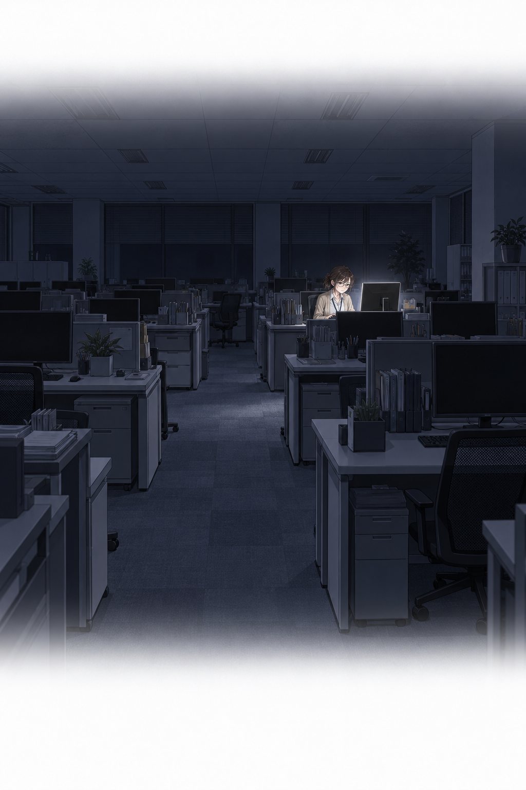 夜のフロア。ほとんどの席の明かりが消え、一つの席だけ画面が光っている。