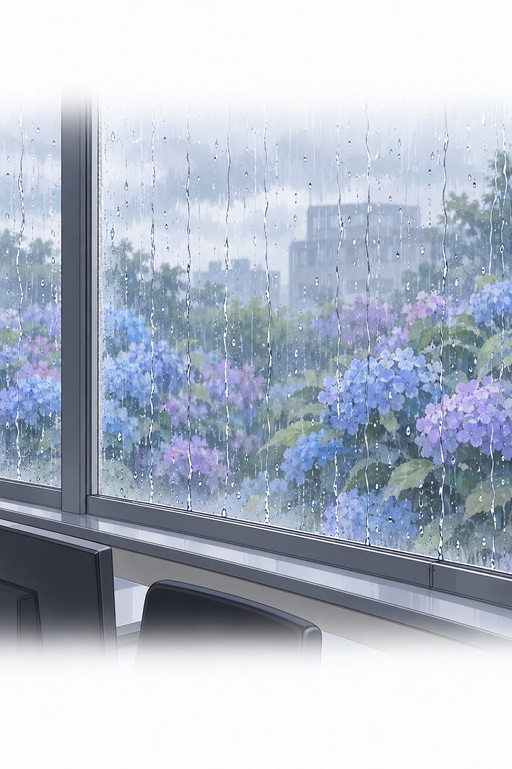 梅雨の朝。雨粒の流れるオフィスの窓。外にあじさいがにじむ。