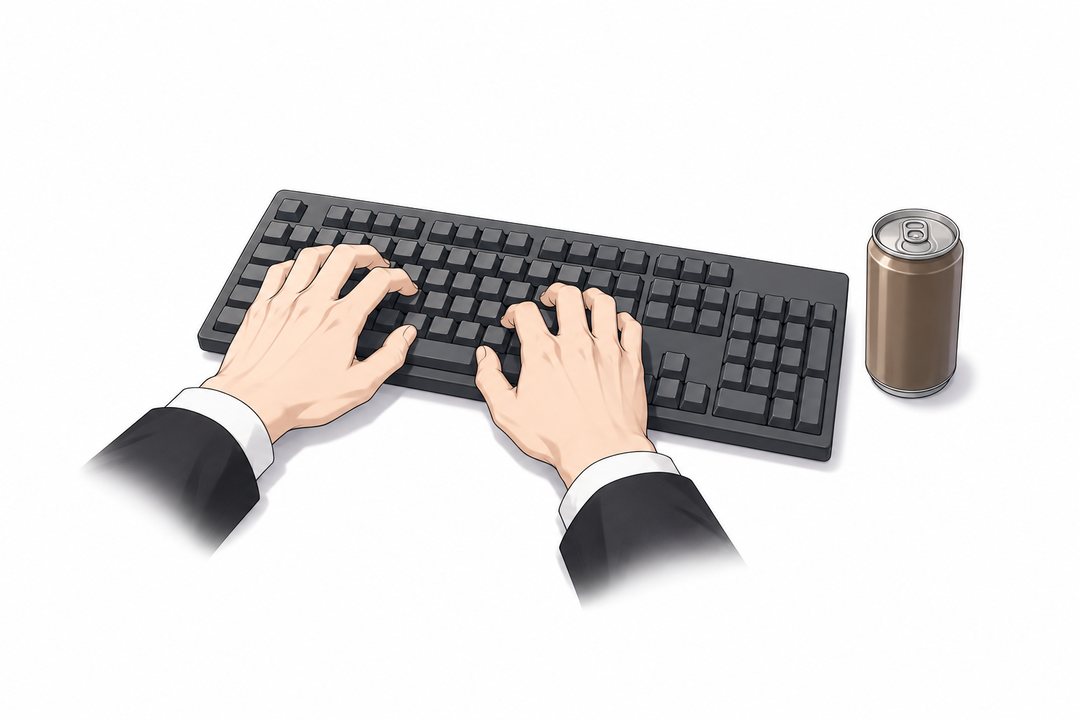 律の手元。キーボードの横に缶コーヒー。
