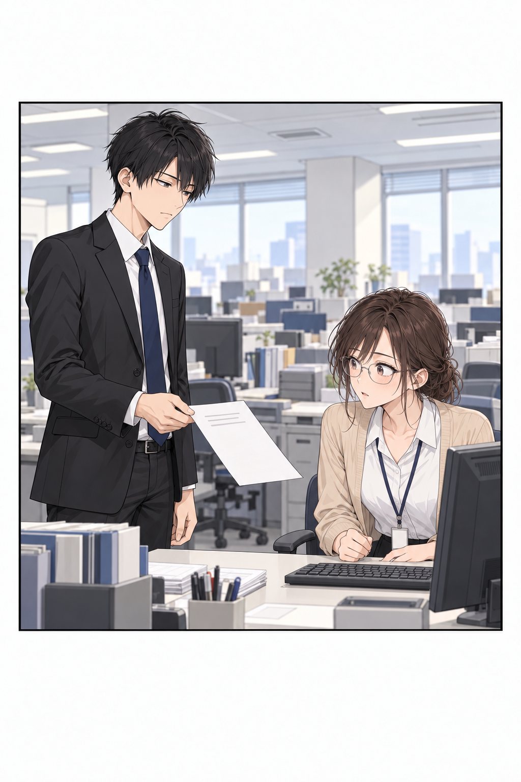 律が宇佐美の机の横に立ち、数行だけ印字された紙を見せる。