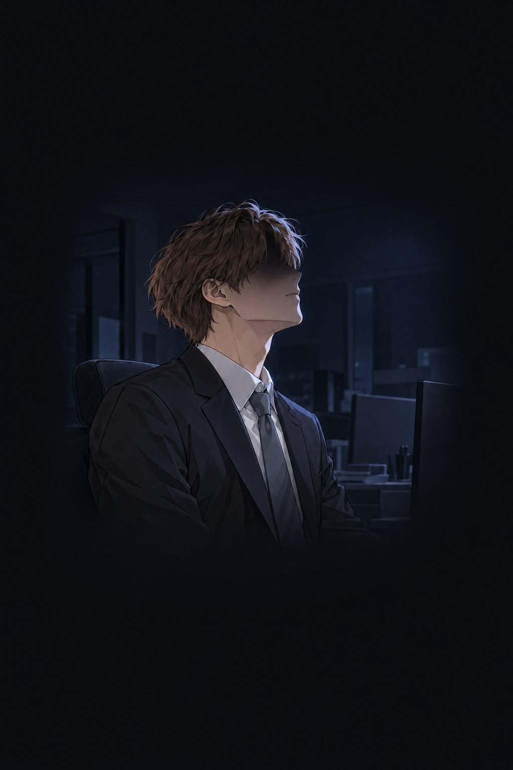 夜のどこかのオフィス。顔の見えない若い男が、何もない空中を見上げている。