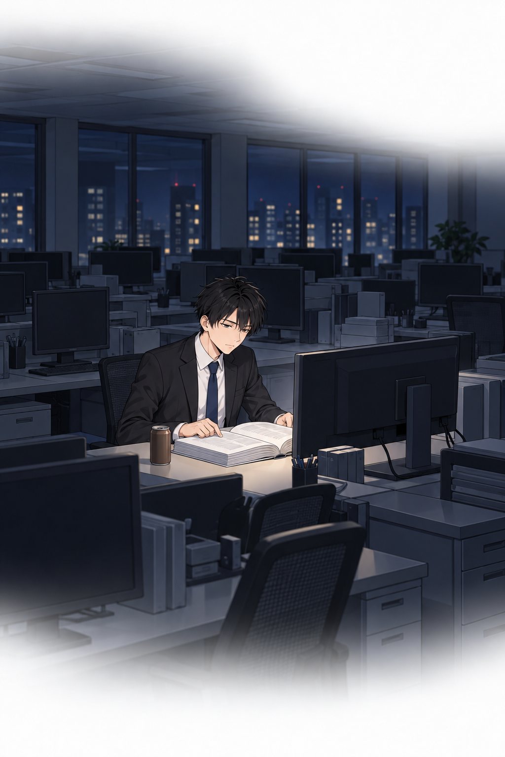 夜の開発部。律が机に分厚い提案依頼書を開き、缶コーヒーを横に置いている。