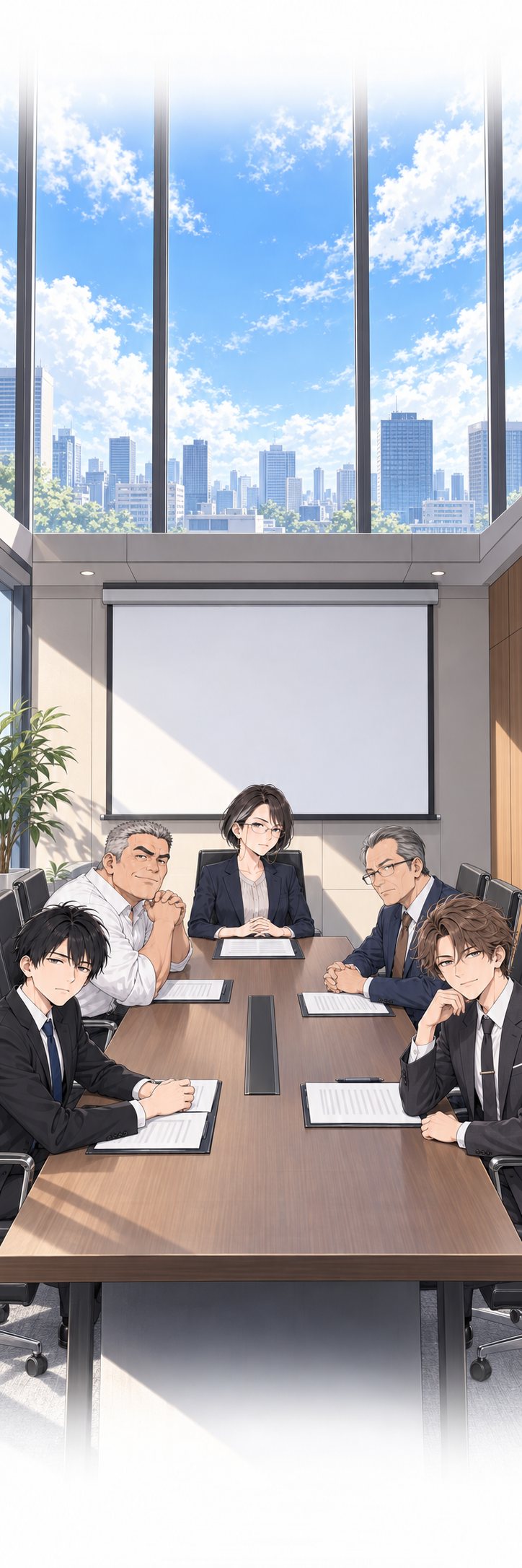 六月二十六日、客先の大きな会議室。長い机の片側に黒川課長、向かいに二つの会社が並ぶ。
