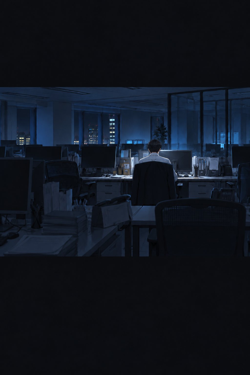 夜の開発部。明かりの消えたフロアで、律の机の画面だけが光っている。