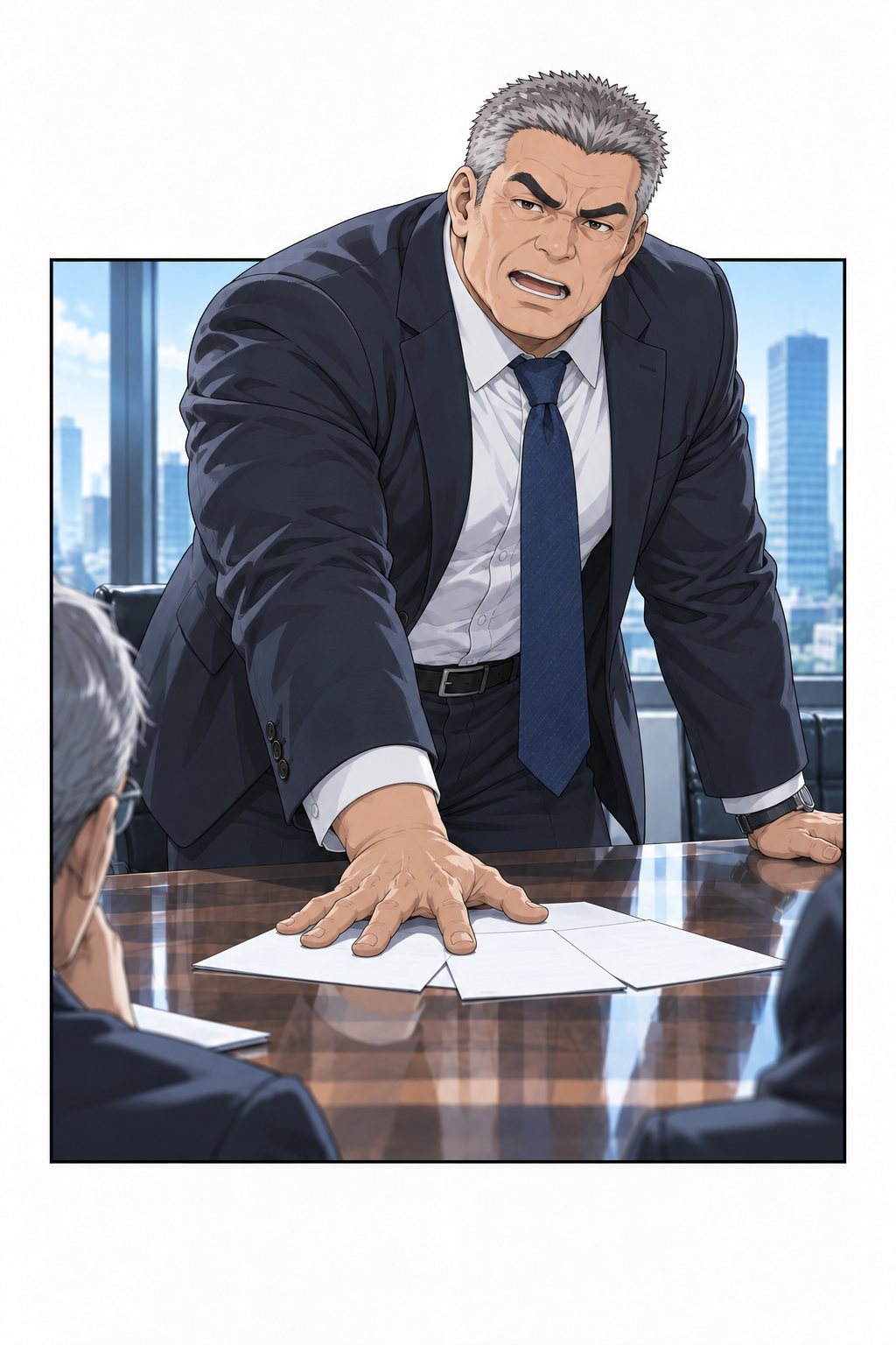 鬼塚部長が机に紙を叩きつける。枠から頭と肩がはみ出す。