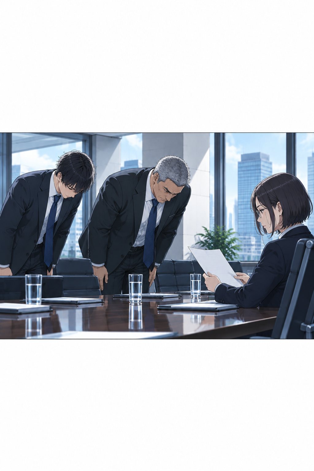 客先の会議室。鬼塚部長と律が深く頭を下げ、黒川課長が書類を読んでいる。