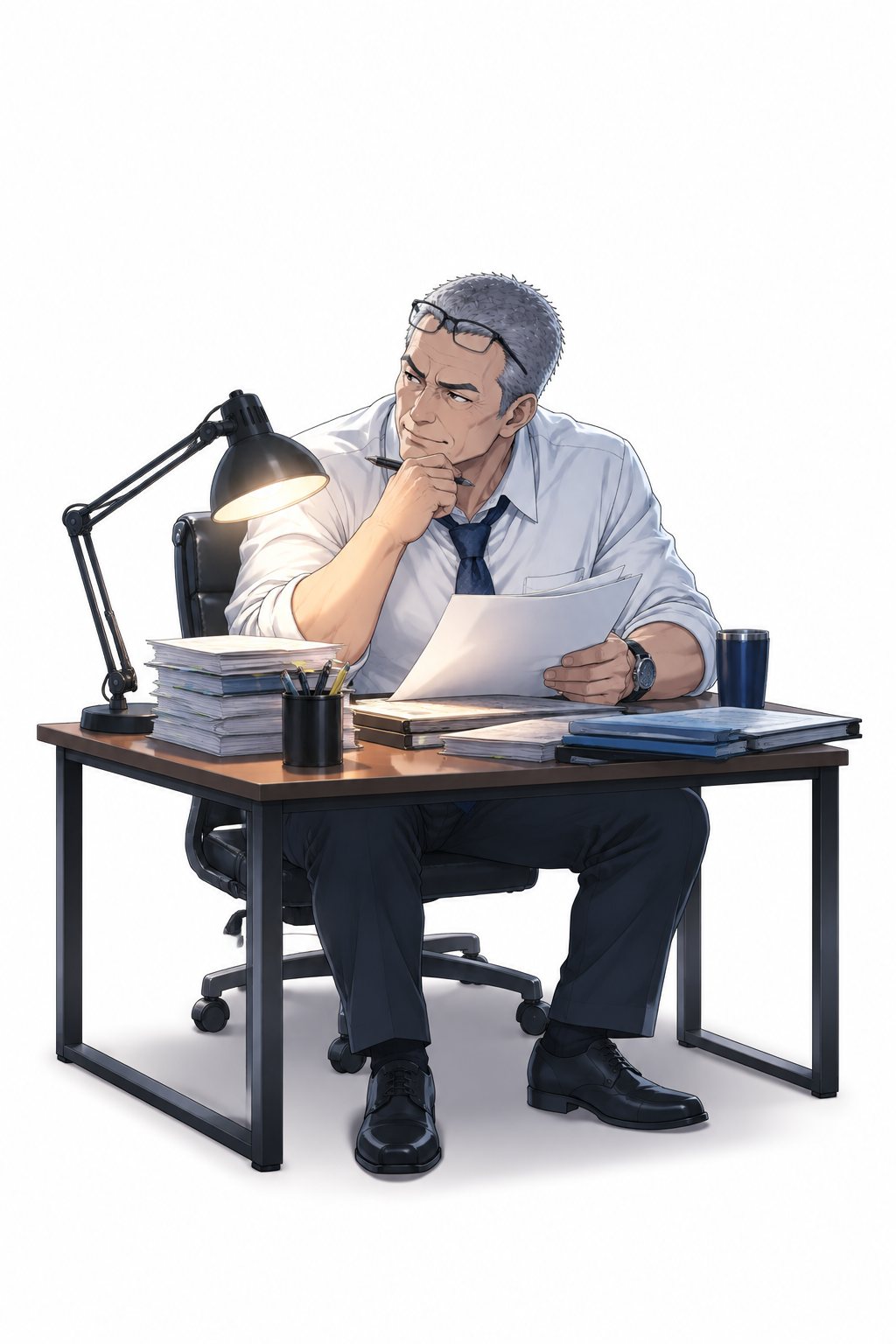 夜のフロアで、一人で資料を読む鬼塚部長。人物だけを切り抜いた絵。