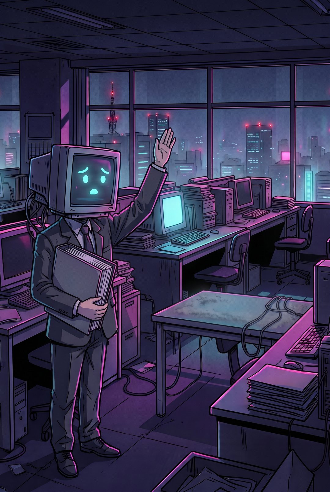 調べものの係の AI が、答えの載った資料を抱えたまま手を挙げて質問している。