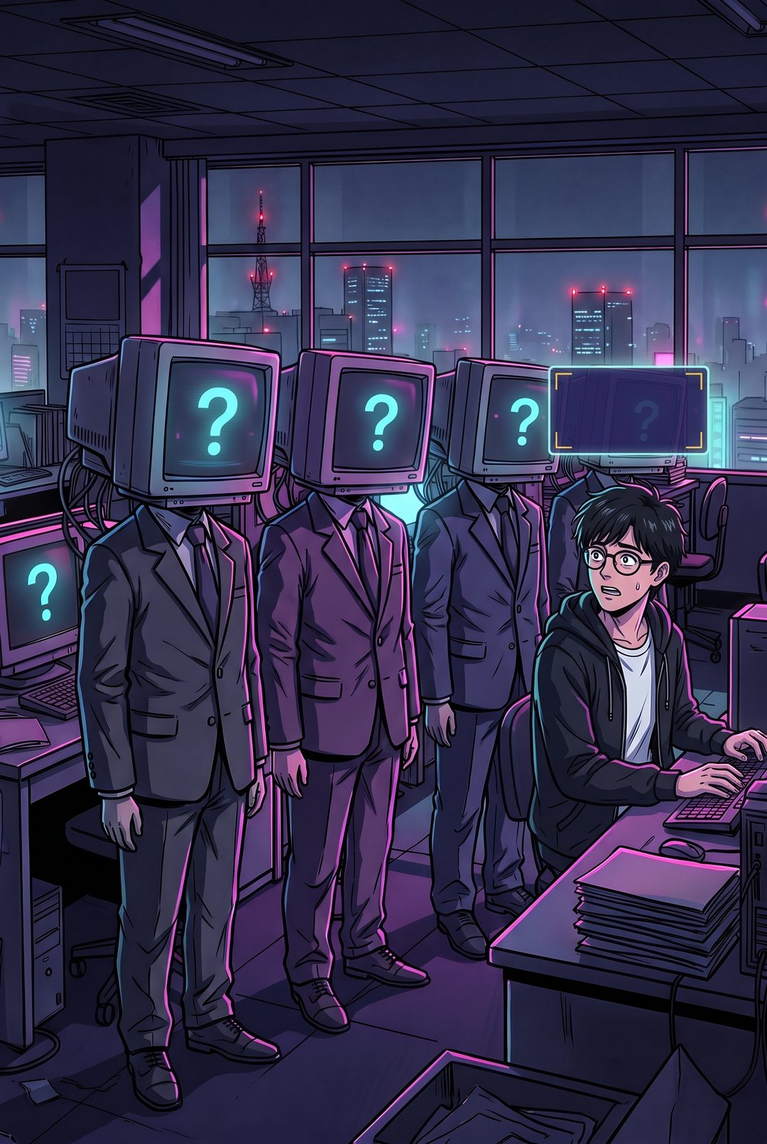 4人の AI が僕の机の前に一列に並び、画面にそれぞれ「?」の印。