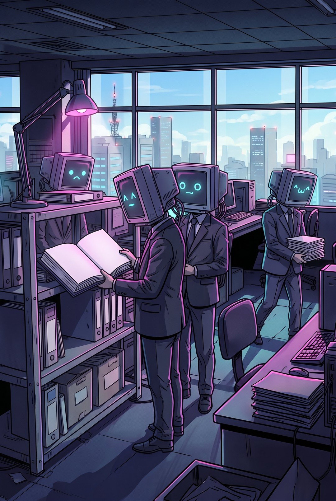 朝礼。AI たちが棚の指示書を順に読んでから仕事を始める。
