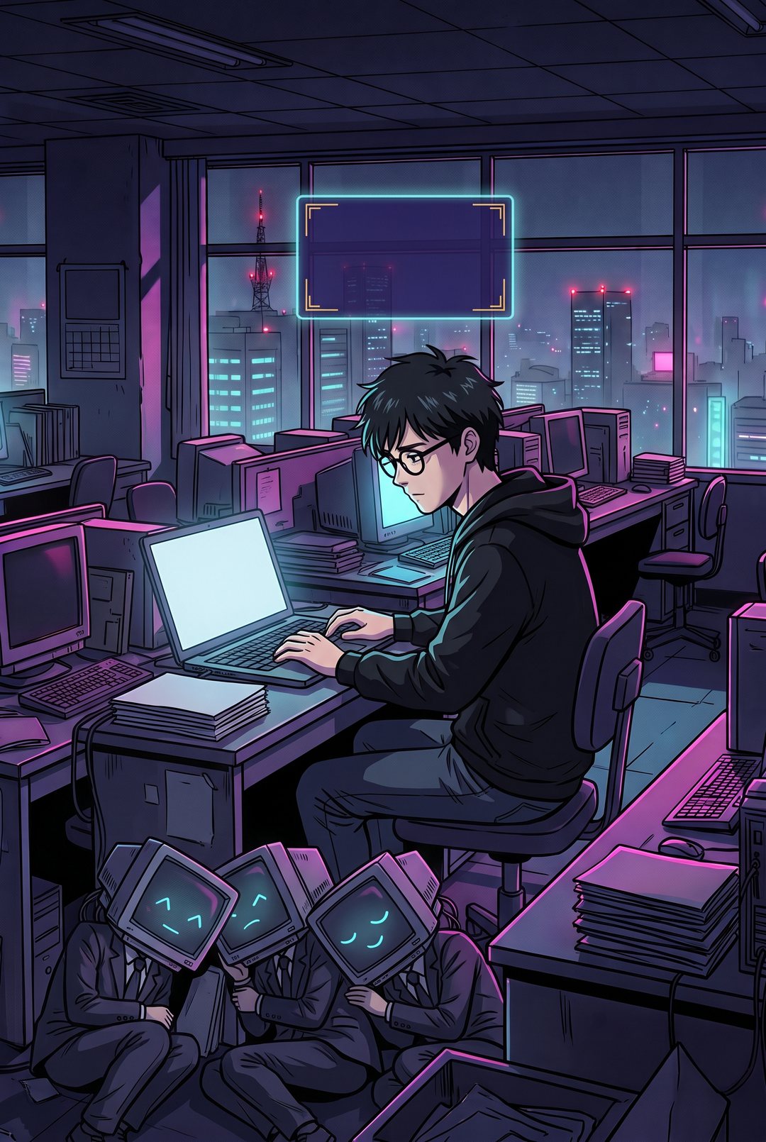 夜の机。ノート PC で文章を書く僕。頭の上に空の〈窓〉。足元で小さな AI たちが眠る。