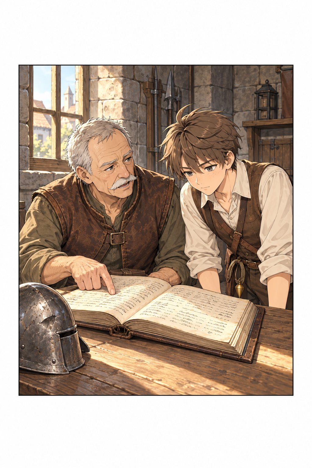 朝の町の衛兵の詰所。年老いた衛兵が古い記録の帳を開き、ケイが横から覗き込む。