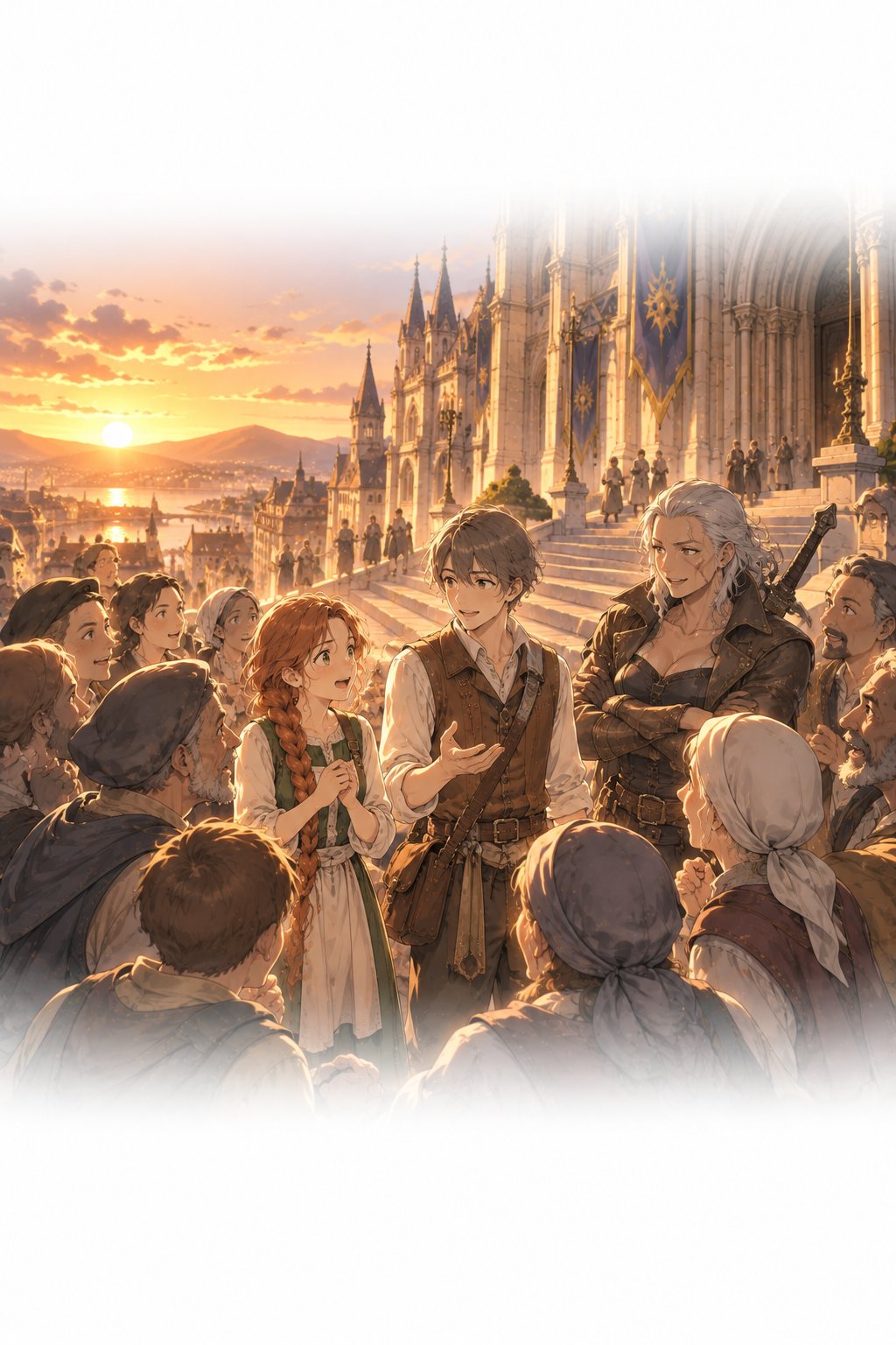 夕日の神殿の階段。人々に囲まれるケイ、リタ、ドーラ。