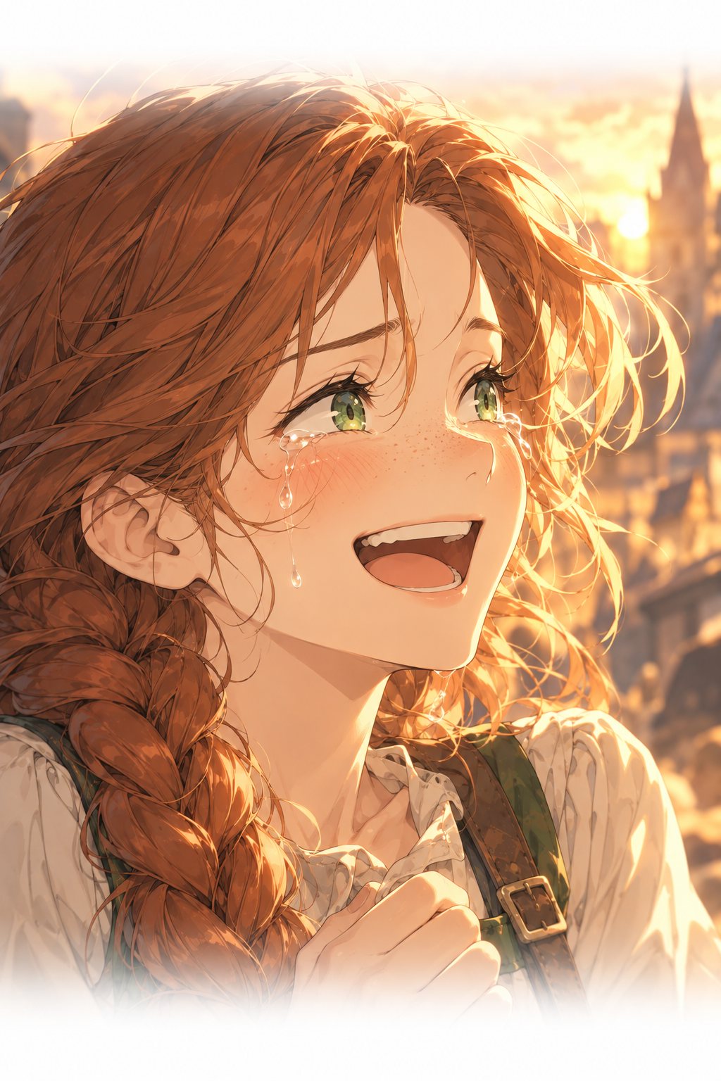 涙をこぼしながら笑うリタの顔のアップ。