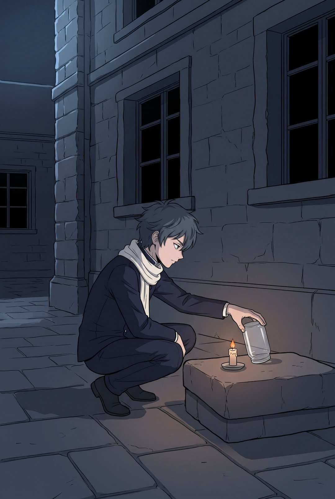 夜の寮の裏。月明かりの石の上に、ろうそくとガラスの瓶。しゃがんだ少年が一人、瓶を手にする。窓の灯りは消えている。