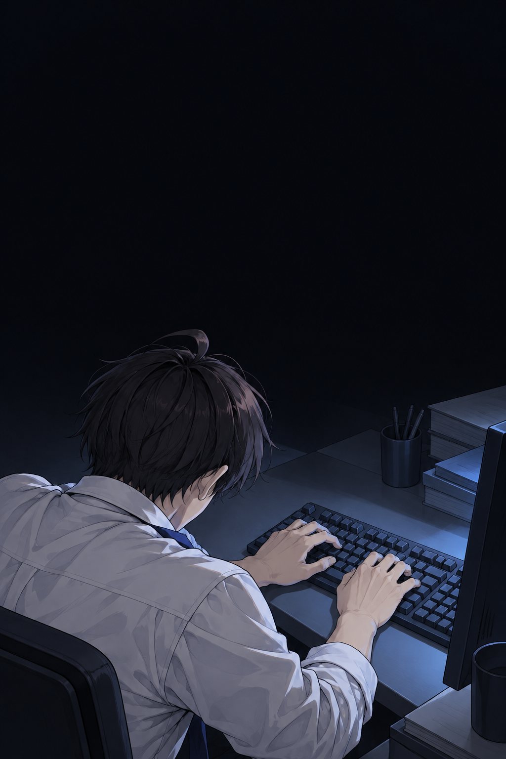 深夜のオフィス。モニターの明かりだけがともり、男の手がキーボードの上にある。