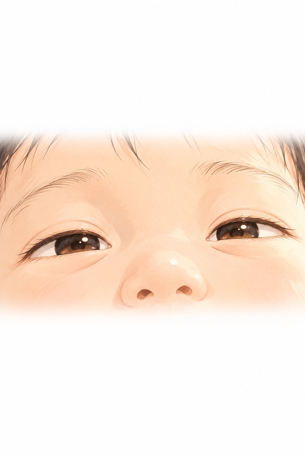 白い光の中で、赤ん坊が目を開ける。目元のアップ。