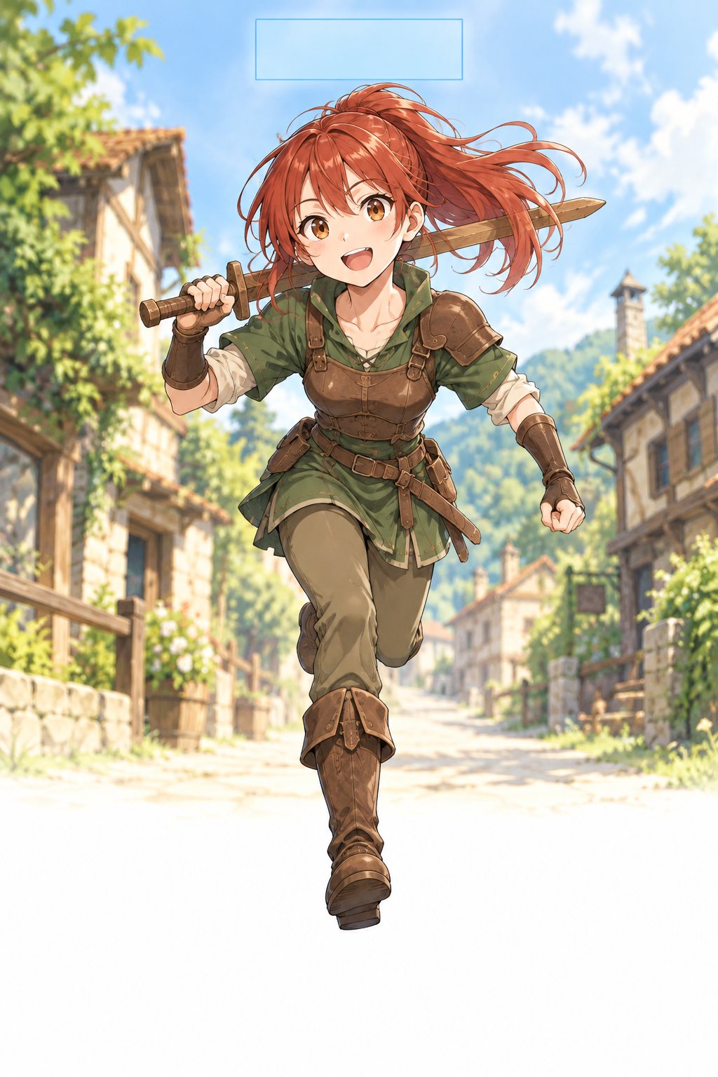 木刀を肩に担いで、笑顔で駆けてくる少女リゼ。頭の上に窓が浮かぶ。