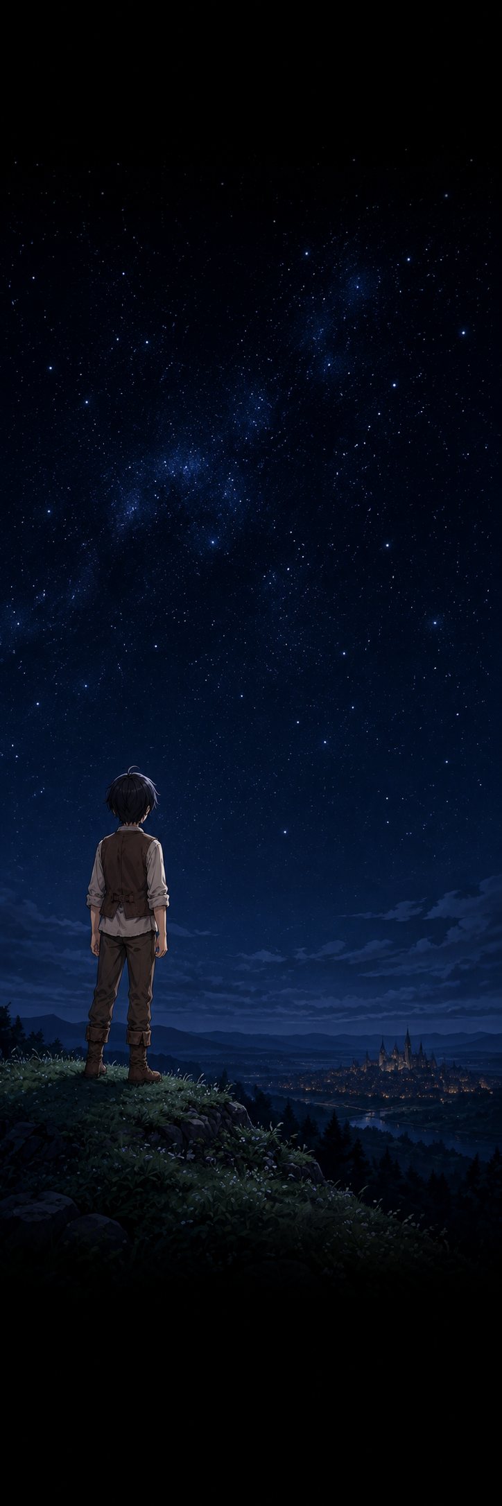 夜空の下に立つミナトの背中。遠くに王都の灯りが見える。