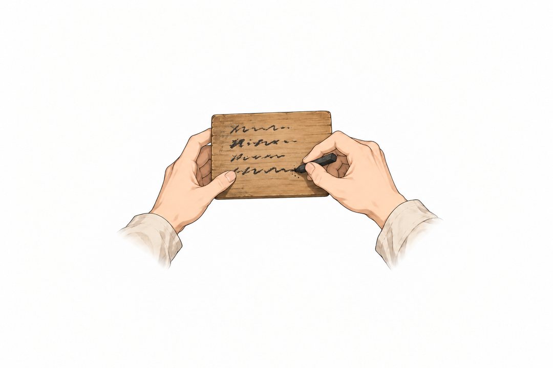 木の板に、炭で村人の名前を書き並べるミナトの手。