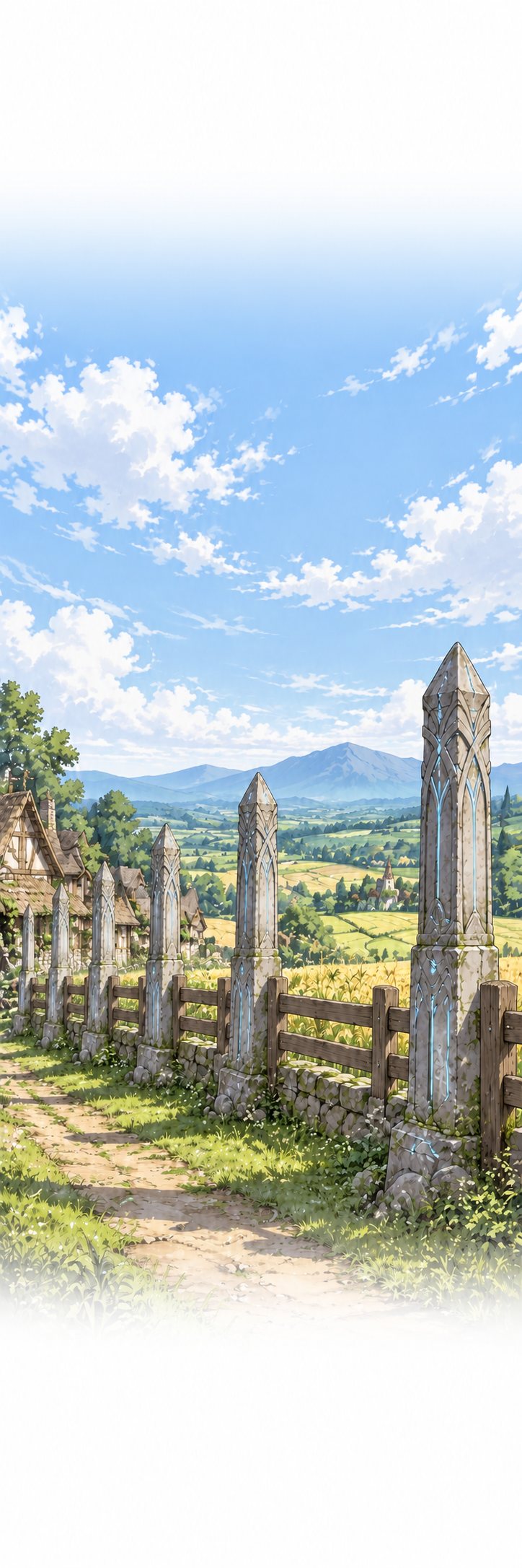 村はずれの木の柵に沿って、淡く光る結界の石柱が並ぶ。