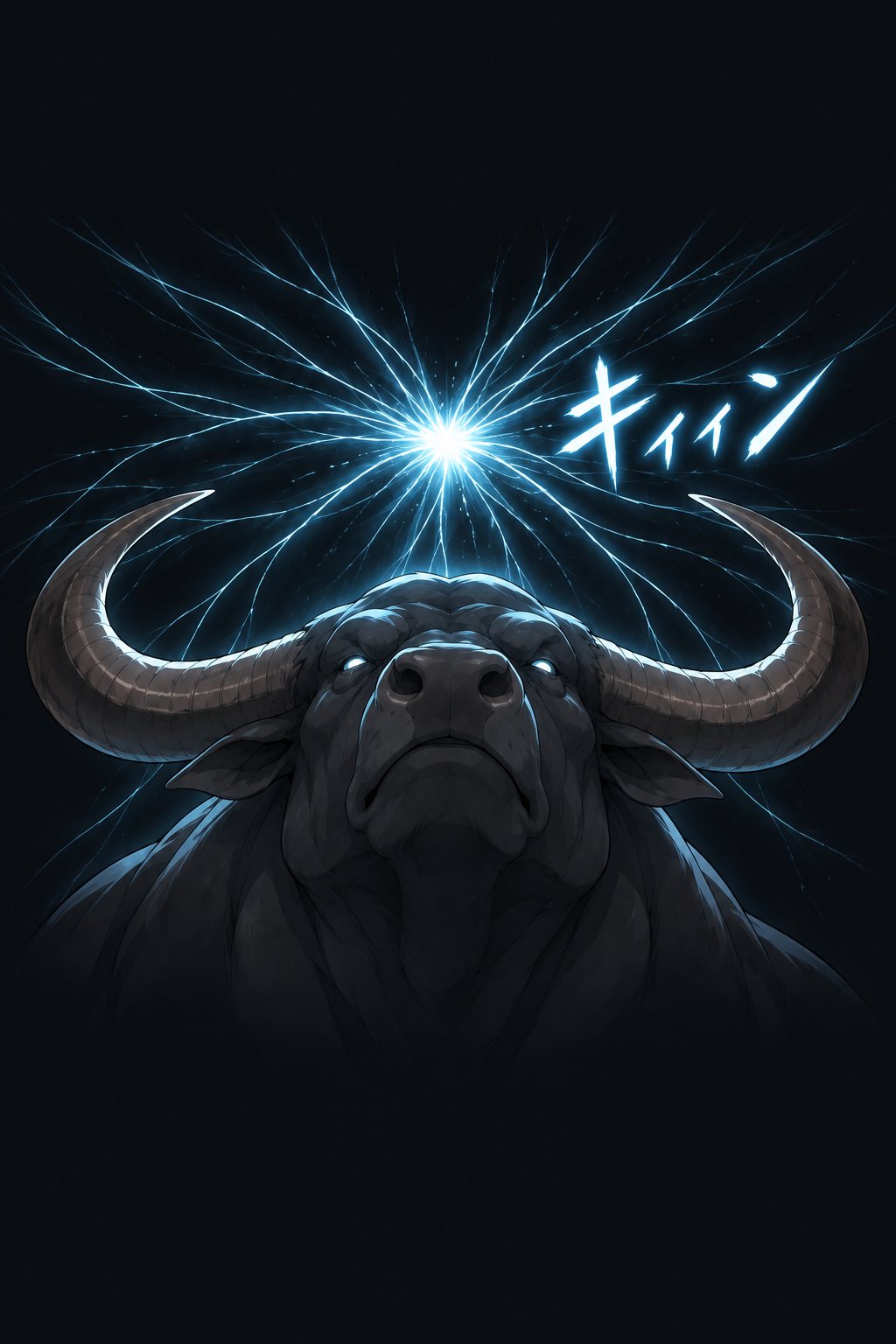 魔獣の頭の上で、光の線が一点に集まって弾ける。「キィィン」の描き文字。