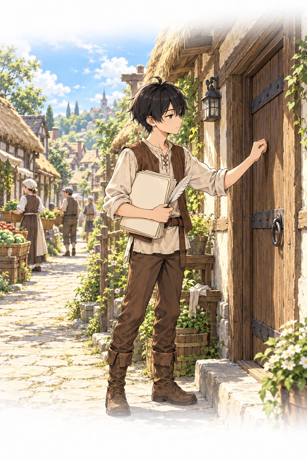 朝の村の道。紙の束と羽ペンを抱えて家々を回るミナト。