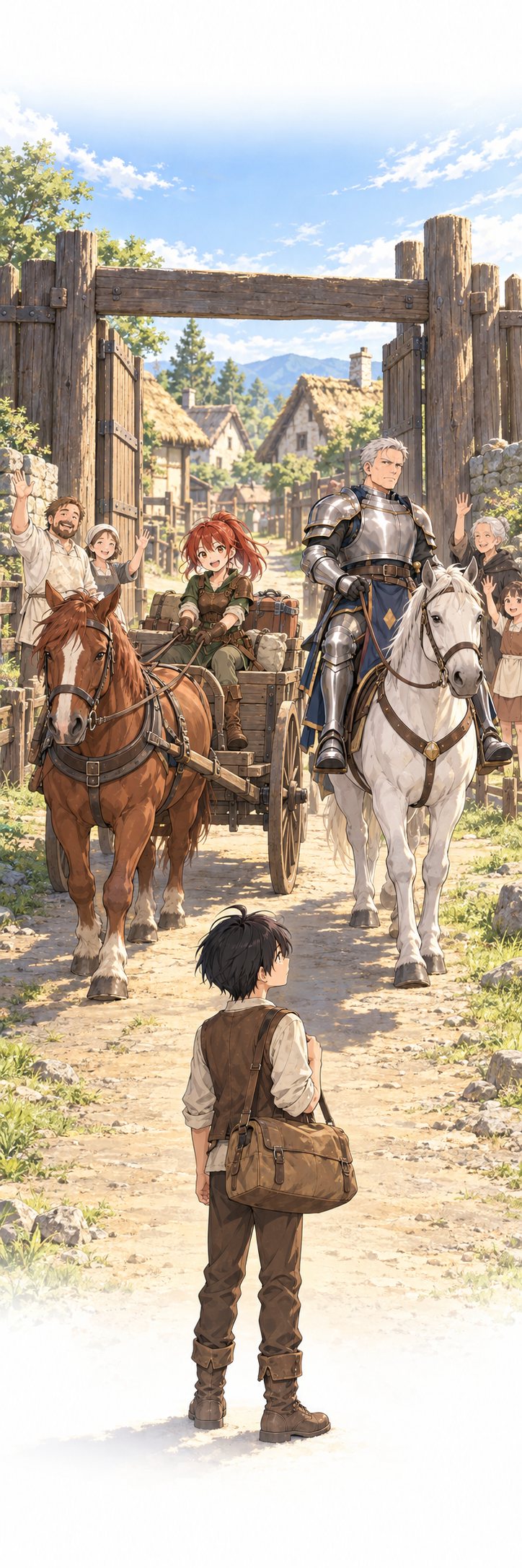 出発の朝の村の門。荷馬車に乗ったリゼ、馬上のベルナー、見送る村人たち。