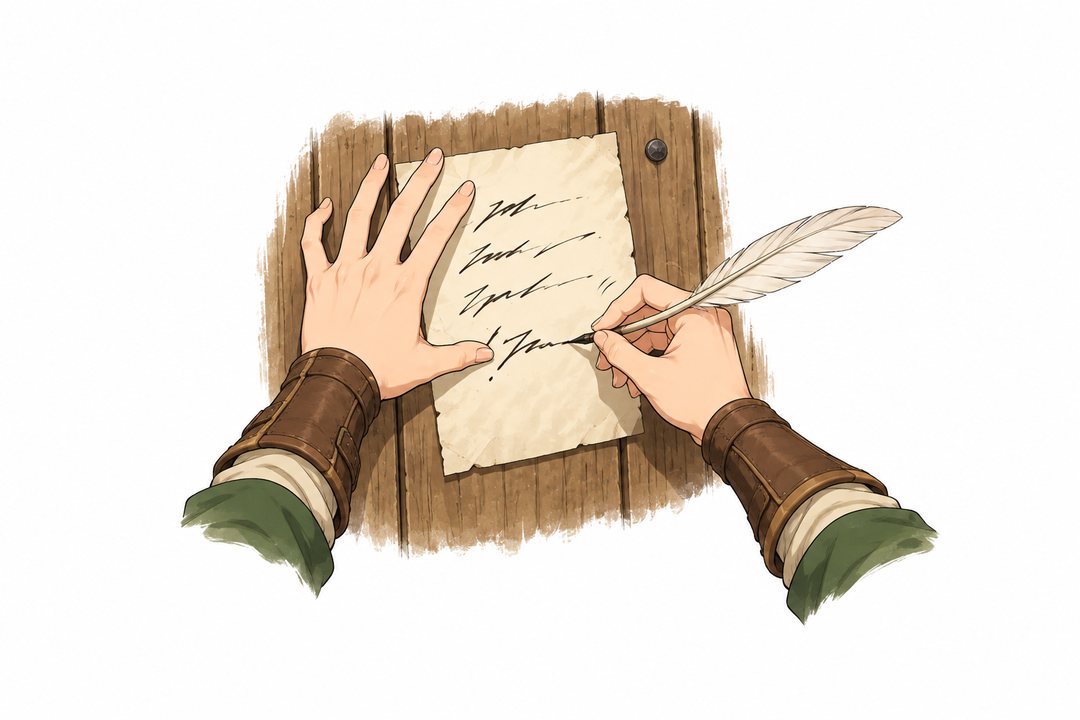 羽ペンで紙に勢いよく書くリゼの手。