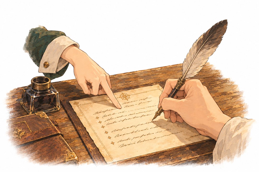 新しい紙に羽ペンで題名を書くミナトの手。横にセラの指が添えられている。