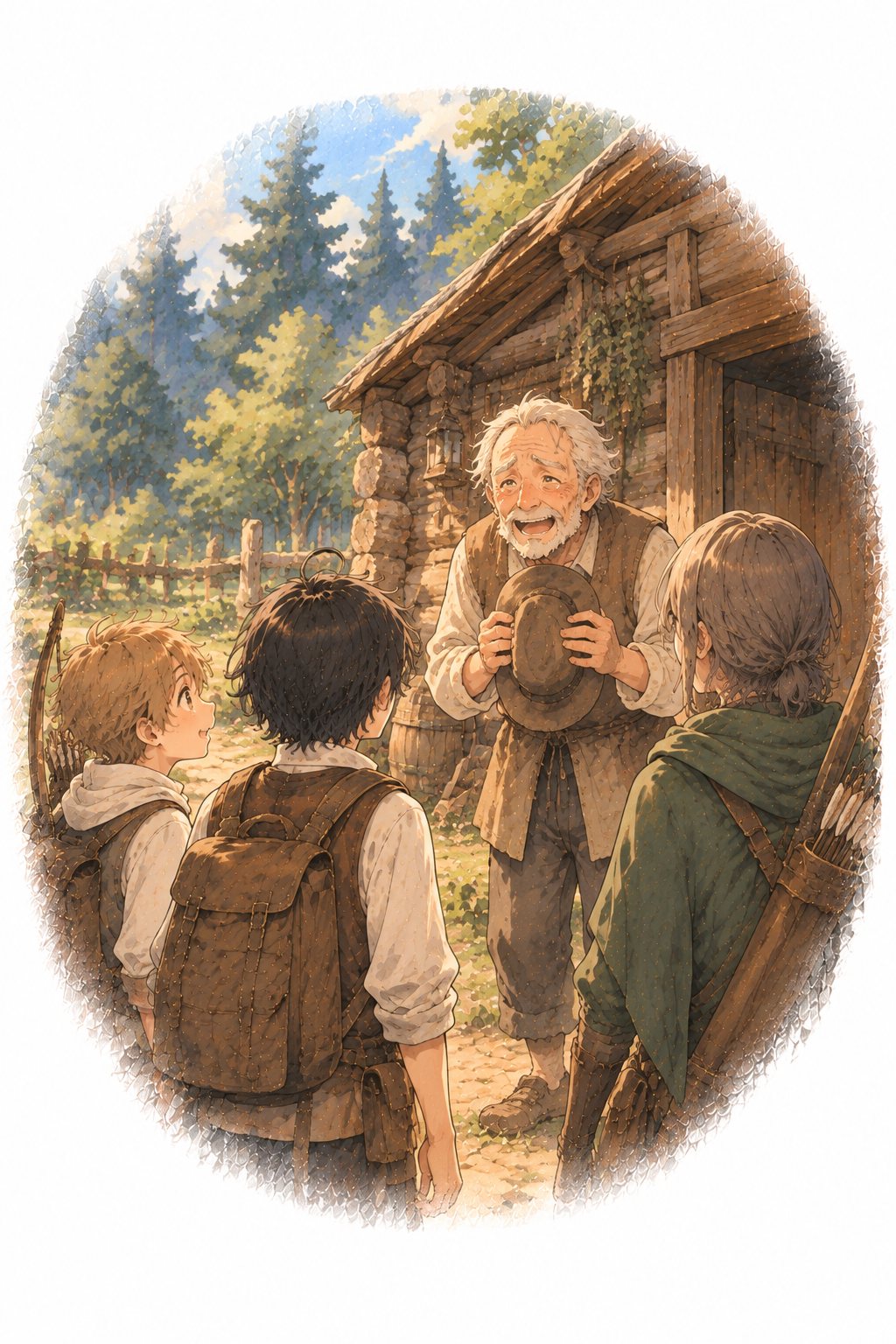森の入口の小屋の前で、帽子を握りしめた白髪の森番が、三人を迎える。