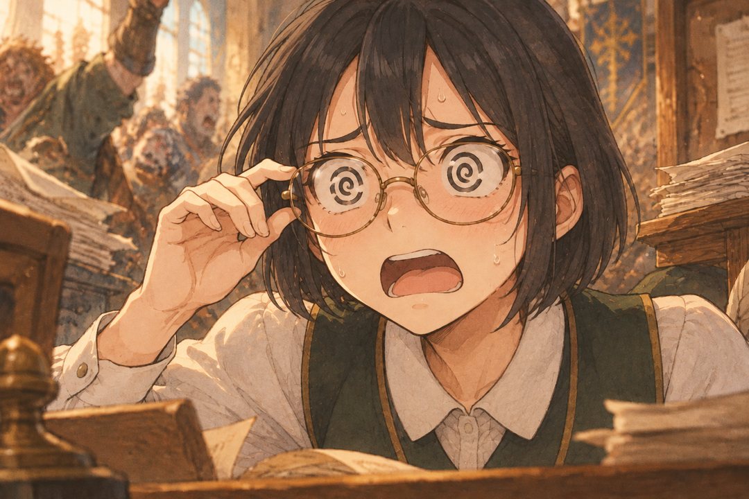受付の机の向こうで、丸眼鏡を押し上げて目を回すセラの顔の寄り。