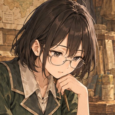 眼鏡のセラの寄り。あごに手を当て、目を伏せて考え込む。
