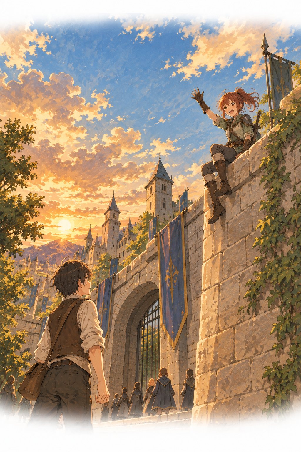夕方の騎士学院の塀の上に腰かけて手を振るリゼと、塀の下から見上げるミナト。広い空。