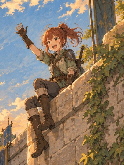 夕焼けの空の下、騎士学院の塀の上に腰かけたリゼが、片手を大きく振って笑う。