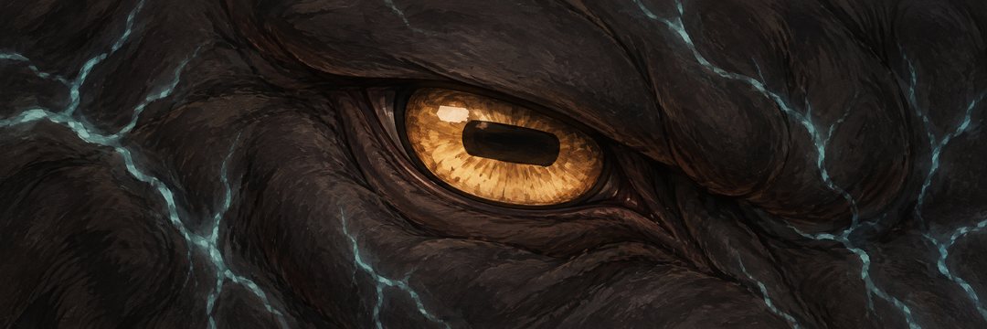暗闇の中で開く、巨大な獣の金色の目の細い寄り。瞳のまわりに淡い水色の模様が走る。