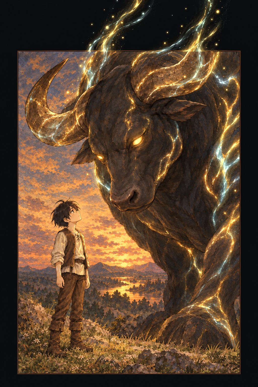 夕闇の中、獣がミナトを見下ろす。光る金の目。模様の金と水色の光が、ミナトの顔を照らす。