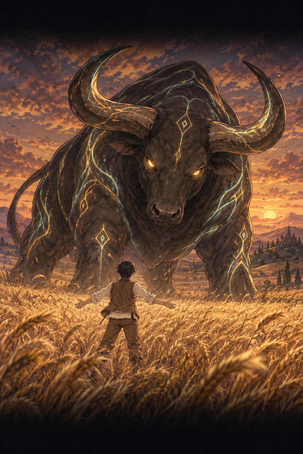 獣の正面に、両手を広げて立つミナト。夕闇、麦の穂が風に揺れる。小さな人と大きな獣。