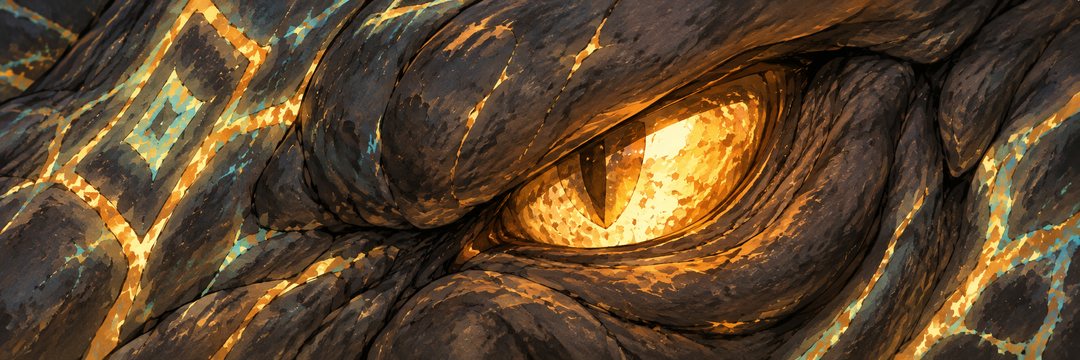 獣の金の目の細い寄り。光の模様が、ゆっくり静まっていく。